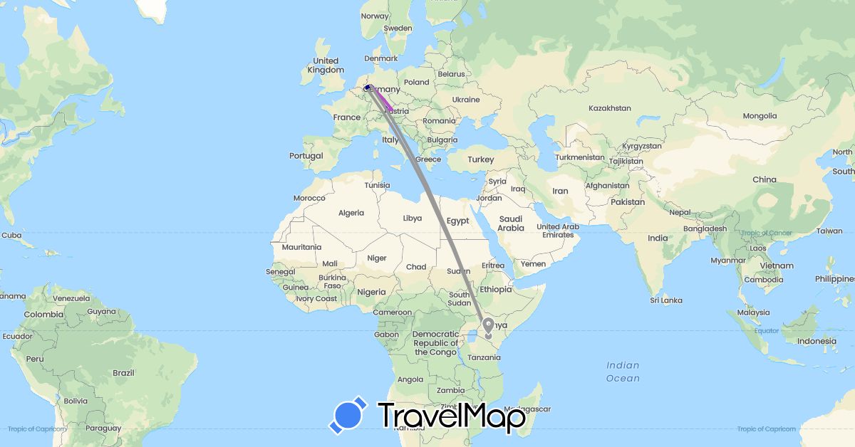 TravelMap itinerary: driving, plane, train in Austria, Germany, Kenya (Africa, Europe)